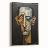 Framed abstract figurative canvas art with gold accents, showcasing a unique design that enhances modern decor; side view highlights depth and texture.