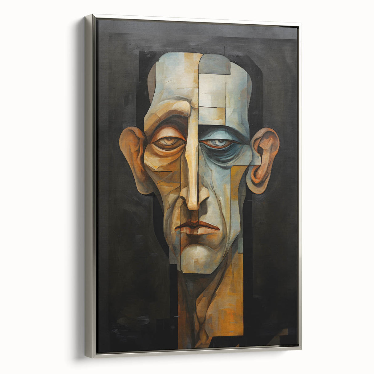 Framed abstract figurative canvas artwork with a silver frame, showcasing modern artistic elements and vibrant colors, ideal for contemporary home decor.