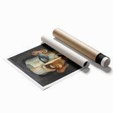 Abstract figurative rolled print showcasing vibrant colors and dynamic shapes, ideal for modern home decor, elegantly packaged in a protective tube.