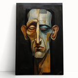 Abstract figurative artwork on stretched canvas, showcasing vibrant colors and dynamic shapes, leaning against a wall, perfect for modern home decor.