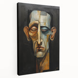 Abstract figurative wall art stretched on canvas, showcasing vibrant colors and dynamic shapes, presented in a side view to highlight its depth and texture.