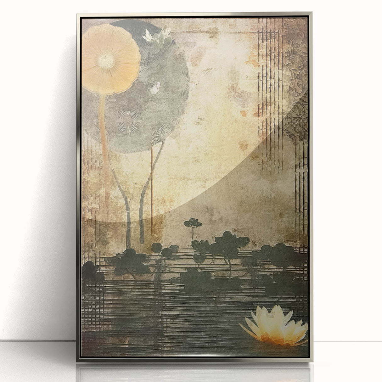 Framed abstract floral wall art in silver acrylic, showcasing vibrant colors and intricate designs, perfect for modern home decor, living rooms, or offices.