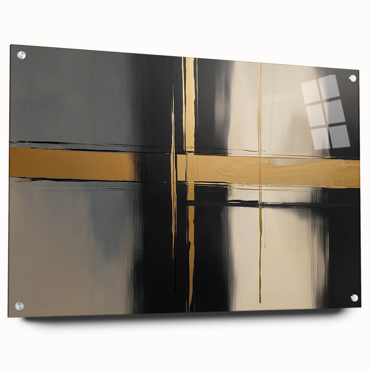 Geometric abstract acrylic glass artwork showcasing a side view with decorative pins, featuring vibrant colors and a modern design, perfect for contemporary decor.