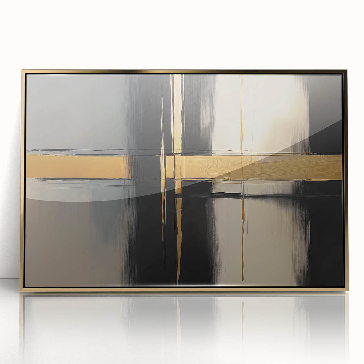 Framed acrylic artwork showcasing a striking abstract geometric design in gold, perfect for modern interior decor. Ideal for enhancing contemporary living spaces.