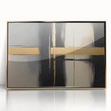 Framed acrylic artwork showcasing a striking abstract geometric design in gold, perfect for modern interior decor. Ideal for enhancing contemporary living spaces.