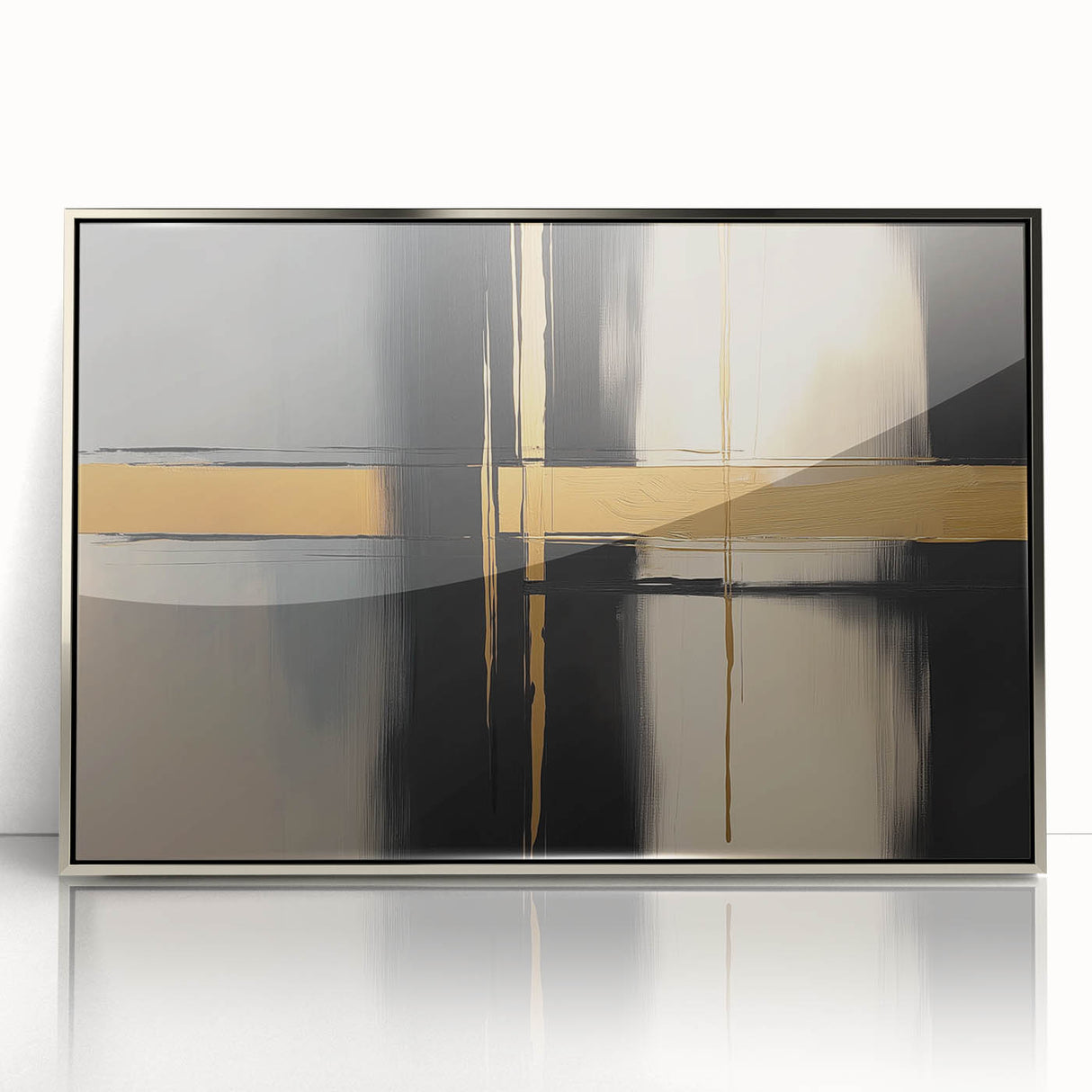 Framed geometric abstract wall art in silver acrylic, showcasing intricate shapes and lines, perfect for modern home decor or office aesthetics.
