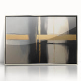 Framed geometric abstract wall art in silver acrylic, showcasing intricate shapes and lines, perfect for modern home decor or office aesthetics.