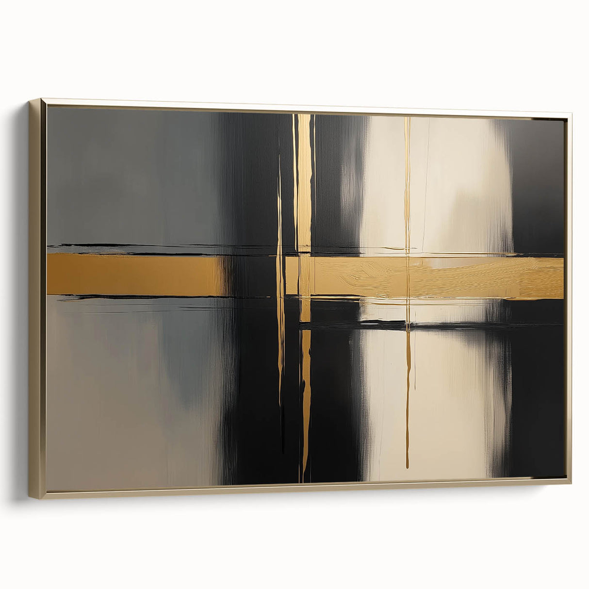 Abstract geometric canvas art in a modern gold frame, showcasing intricate shapes and elegant lines, perfect for contemporary home decor accents.