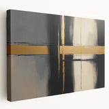 Abstract geometric stretched canvas artwork showcasing vibrant shapes and colors, side view displaying a sleek design ideal for modern decor enhancement.