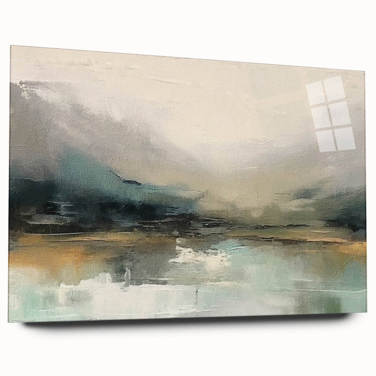 Abstract landscape wall art displayed in a side view, showcasing vibrant colors and fluid shapes on acrylic glass, perfect for modern home decor.