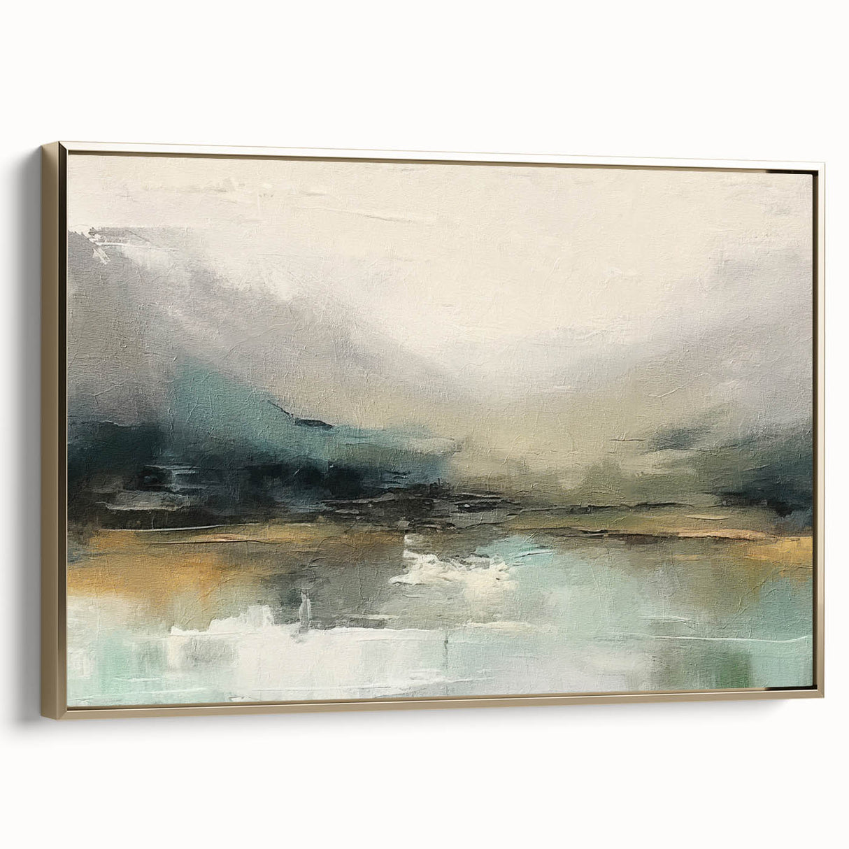 Framed abstract landscape wall art featuring a gold color palette, showcasing textured details and sleek design, perfect for modern home décor.