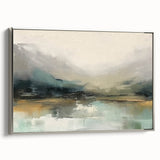 Framed abstract landscape wall art with silver edges, showcasing vibrant colors and dynamic shapes, perfect for modern home decor or office settings.