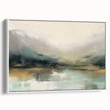 Framed abstract landscape wall art featuring soft earth tones and a serene composition, displayed in a modern white frame, ideal for home decor enhancement.