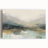Abstract landscape wall art on stretched canvas showcasing vibrant hues of blue and green, designed to enhance modern decor in living spaces.