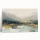 Abstract landscape wall art on stretched canvas, showcasing vibrant hues of blue and green with textured brush strokes, leaning against a neutral wall, perfect for modern decor.