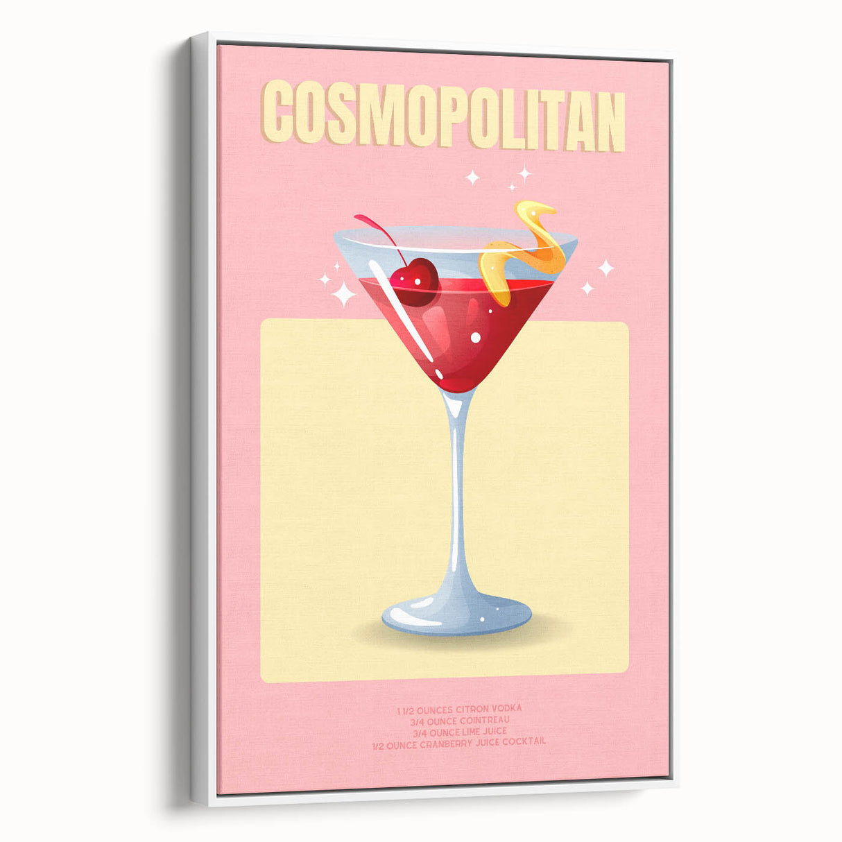 Framed canvas of a vintage poster art featuring colorful food and drink illustrations on a black background.