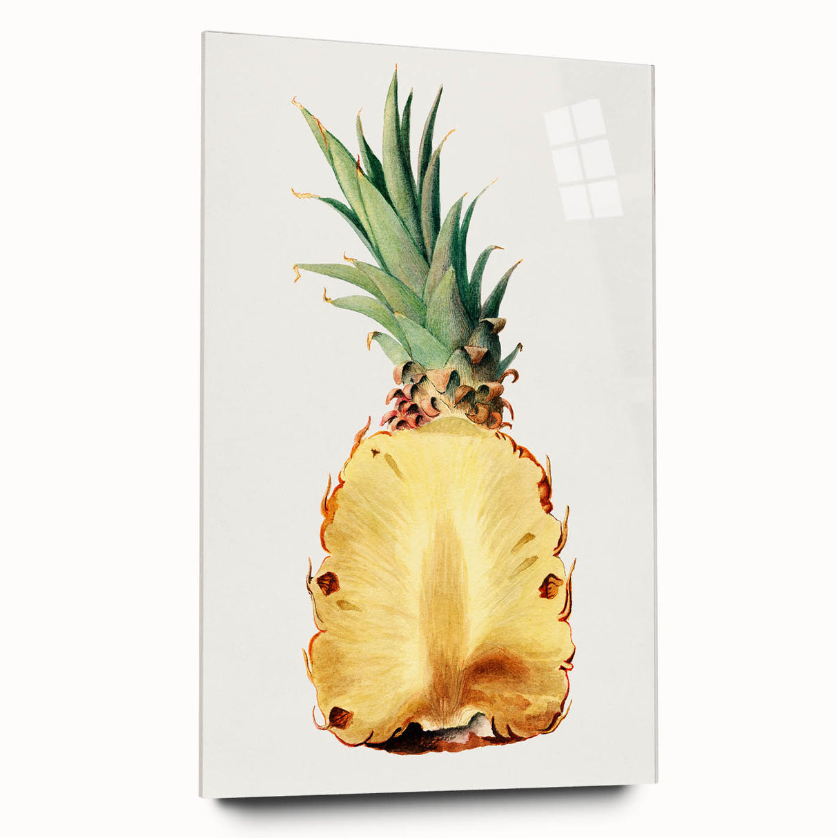 Large abstract wall art of assorted fruits in vibrant colors on acrylic glass, ideal for bedroom or dining room decor.