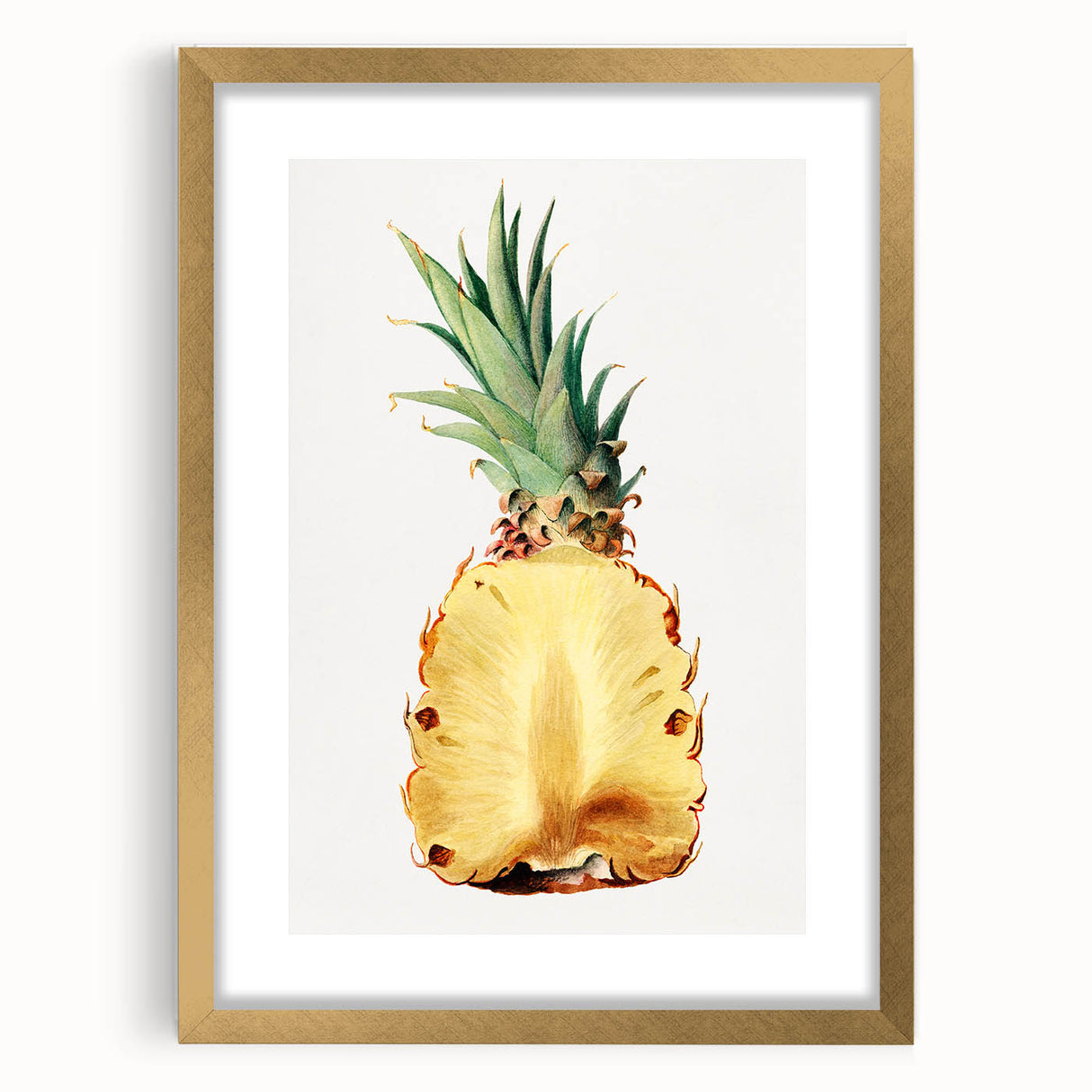 Extra large abstract art print featuring textured fruits in vibrant colors, framed in gold, ideal for living room decor.