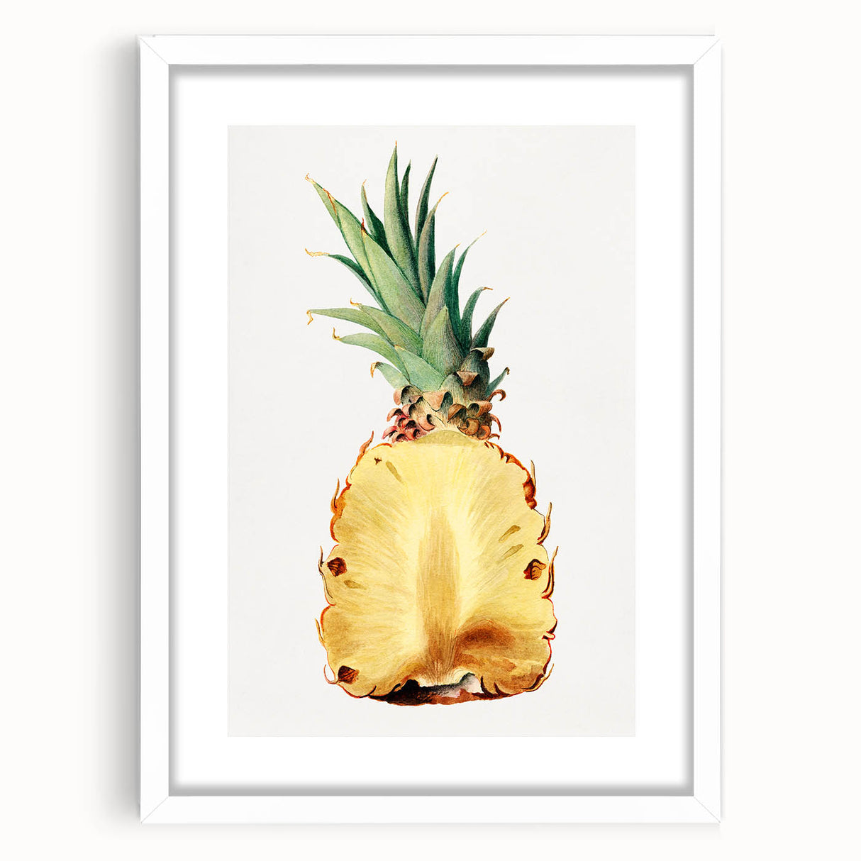 Abstract art print featuring assorted fruits in vibrant colors on a white framed mat, ideal for dining room decor.