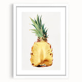 Abstract art print featuring assorted fruits in vibrant colors on a white framed mat, ideal for dining room decor.
