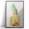 Large abstract wall art depicting assorted fruits in bold colors, framed in black acrylic, suitable for modern kitchen decor.