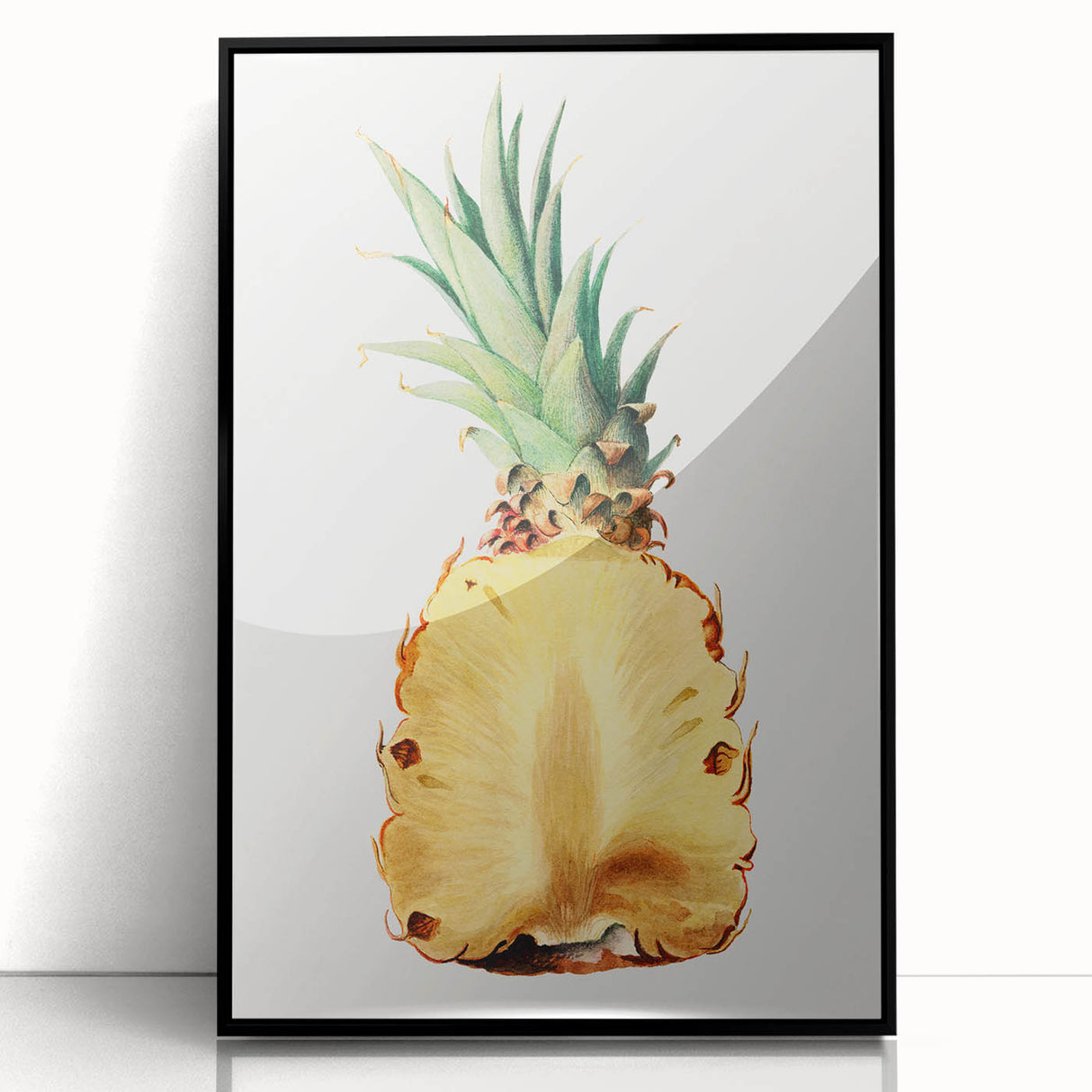 Large abstract wall art depicting assorted fruits in bold colors, framed in black acrylic, suitable for modern kitchen decor.