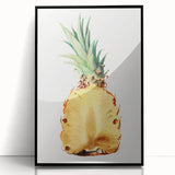 Large abstract wall art depicting assorted fruits in bold colors, framed in black acrylic, suitable for modern kitchen decor.