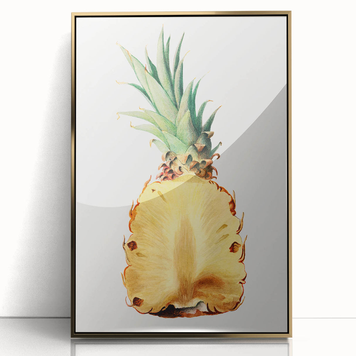 Large acrylic print featuring an assortment of fruits in a mid-century modernist style with gold frame.
