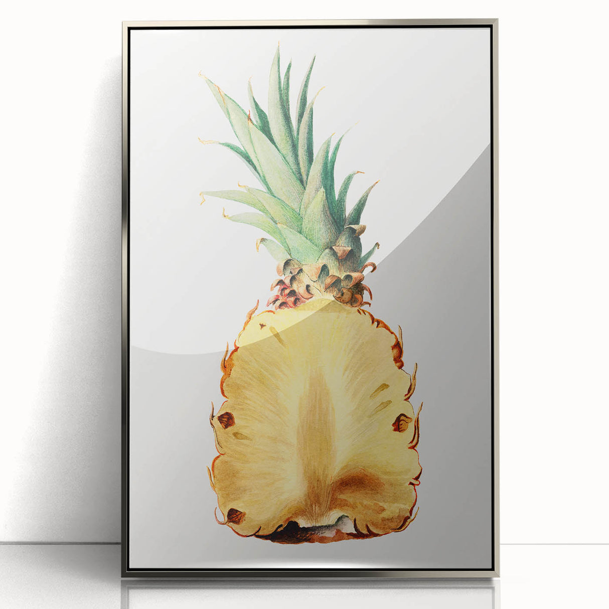 Mid-century modernist art featuring vibrant fruits on silver-framed acrylic, ideal for nursery wall art.