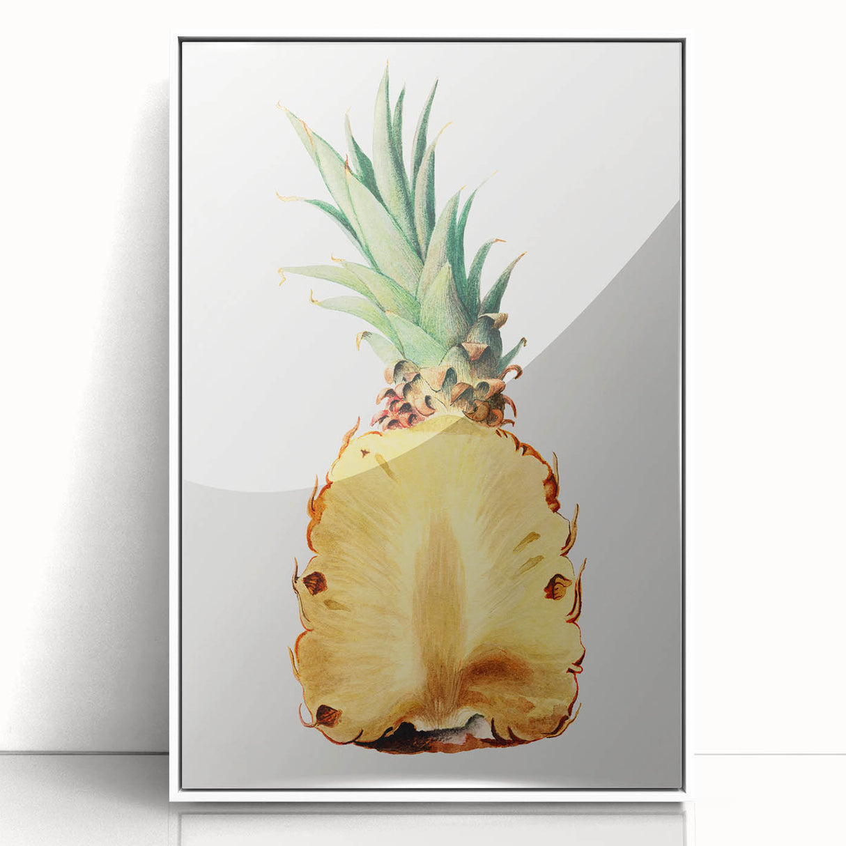 Modern art wall decor featuring an array of fruits in art deco style, framed acrylic with a white border.