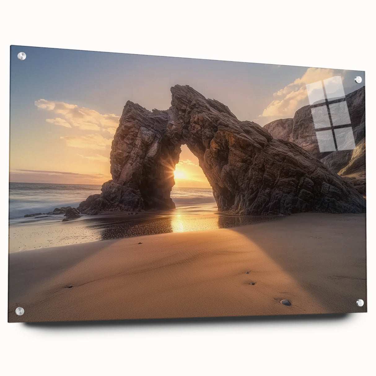 Acrylic landscape artwork depicting serene beaches, showcasing vibrant colors and intricate details, displayed in a side view with pins for secure mounting.