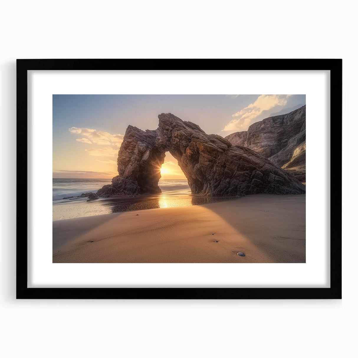 Black-framed landscape artwork showcasing a serene beach scene with vibrant colors, elegantly matted for an upscale display, perfect for home decor.