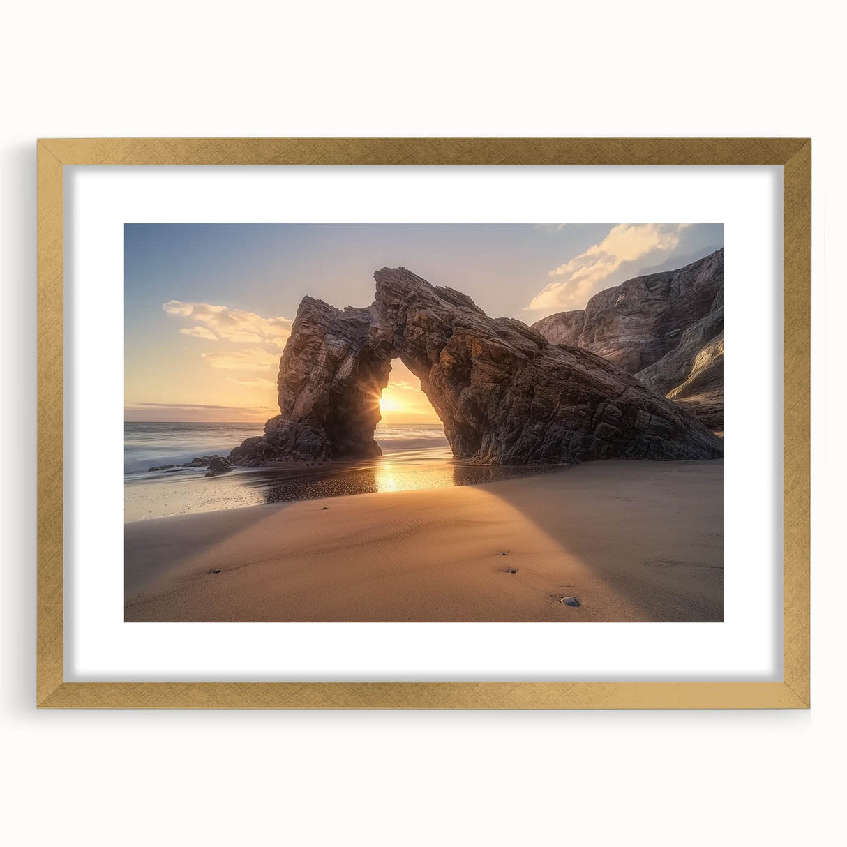 Elegant landscape artwork featuring a serene beach scene framed with a gold mat, ideal for home decor. Perfect for adding a coastal touch to any room.