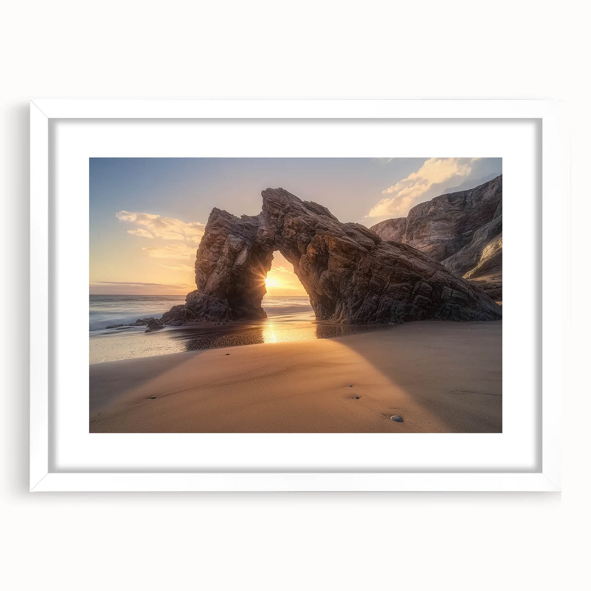 Framed landscape artwork depicting serene beaches with a white mat, showcasing a tranquil ocean view, perfect for coastal-themed home decor.