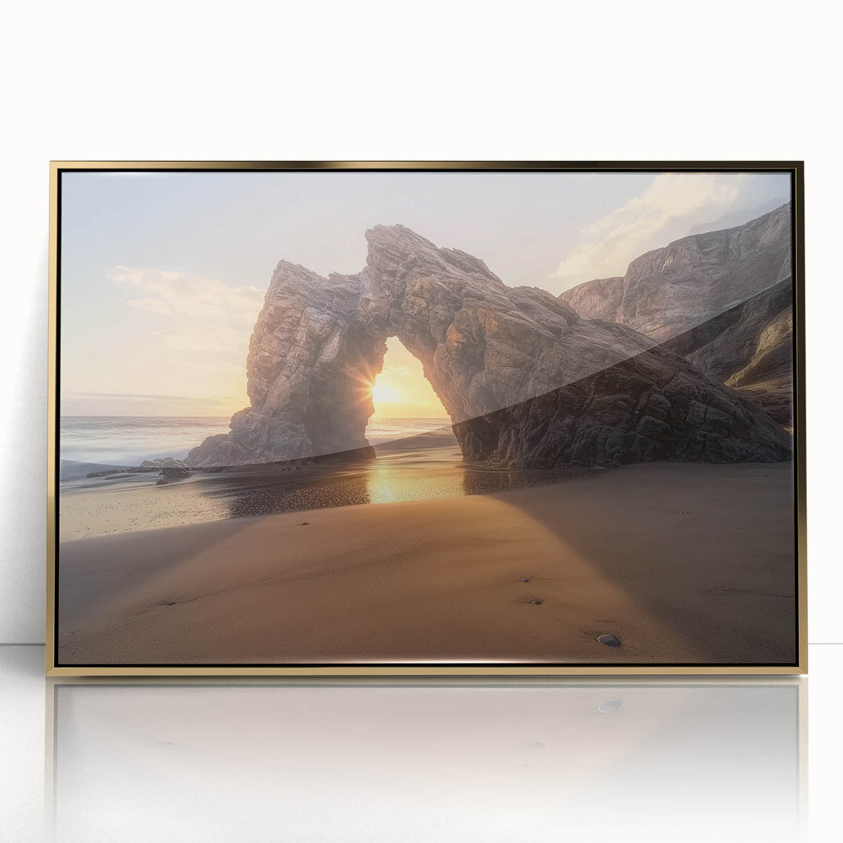 Framed acrylic artwork showcasing a vibrant beach landscape with golden accents, perfect for adding a coastal touch to home decor. Ideal for beach lovers and nature enthusiasts.