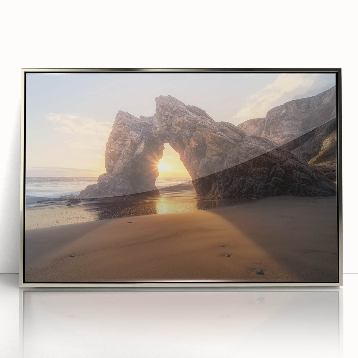 Framed acrylic art piece showcasing a serene beach landscape with vibrant colors and detailed waves, perfect for coastal home decor and relaxation-inspired spaces.
