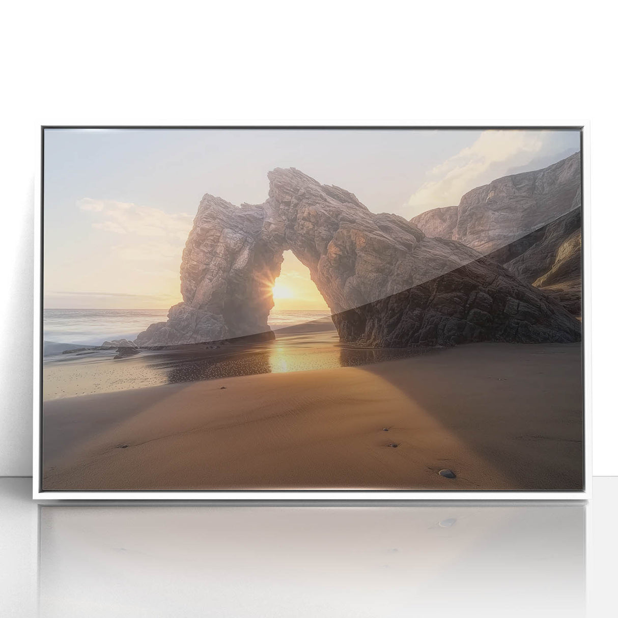 Framed acrylic artwork showcasing a serene beach landscape with soft blue and golden hues, perfect for enhancing coastal-themed home decor.