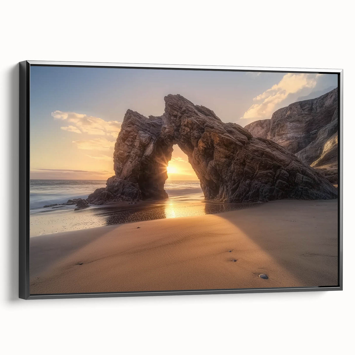 Framed canvas artwork showcasing a vibrant beach landscape with gentle waves and a clear blue sky, presented in a sleek black frame. Ideal for coastal-themed decor.