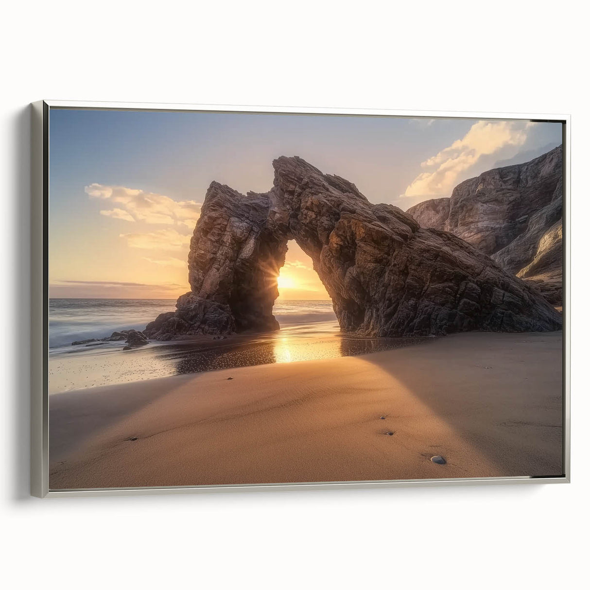 Framed landscape canvas artwork showcasing a serene beach scene with vibrant colors, mounted in a sleek silver frame, perfect for home decor enhancement.