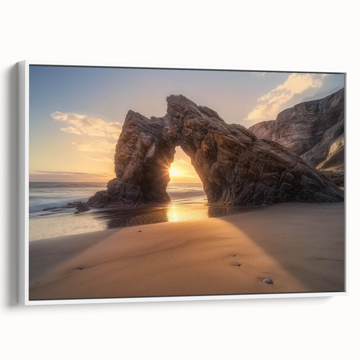 Framed canvas art displaying a serene beach landscape with vibrant colors and soft waves, showcased in a white frame, ideal for home decor and relaxation.
