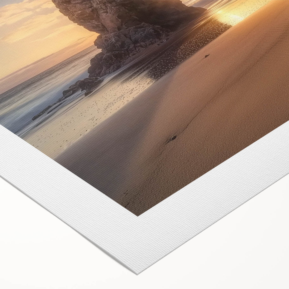 Vibrant rolled canvas artwork depicting a serene beach landscape with soft waves and palm trees, elegantly packaged in a protective cardboard tube for safe delivery.