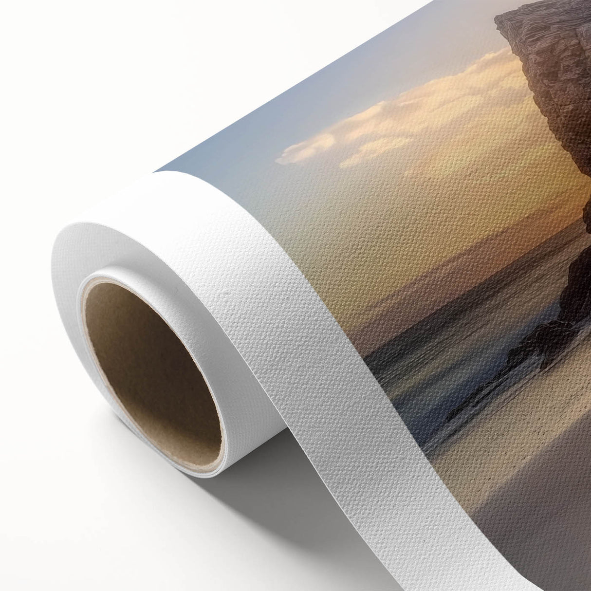 Vibrant rolled canvas art depicting a serene beach landscape with soft waves and golden sand, ideal for coastal-themed decor, packaged securely in a tube.
