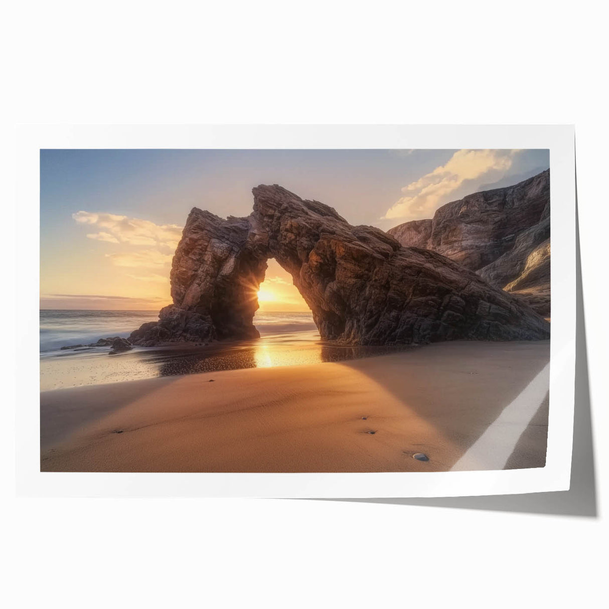 Vibrant rolled print showcasing a serene beach landscape with soft pastel colors, designed for wall decor, elegantly packaged in a protective tube.