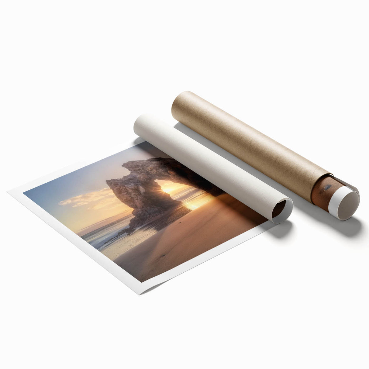 Serene landscape canvas print showcasing a tranquil beach scene with soft waves and golden sands, elegantly rolled for easy display or storage in a protective tube.