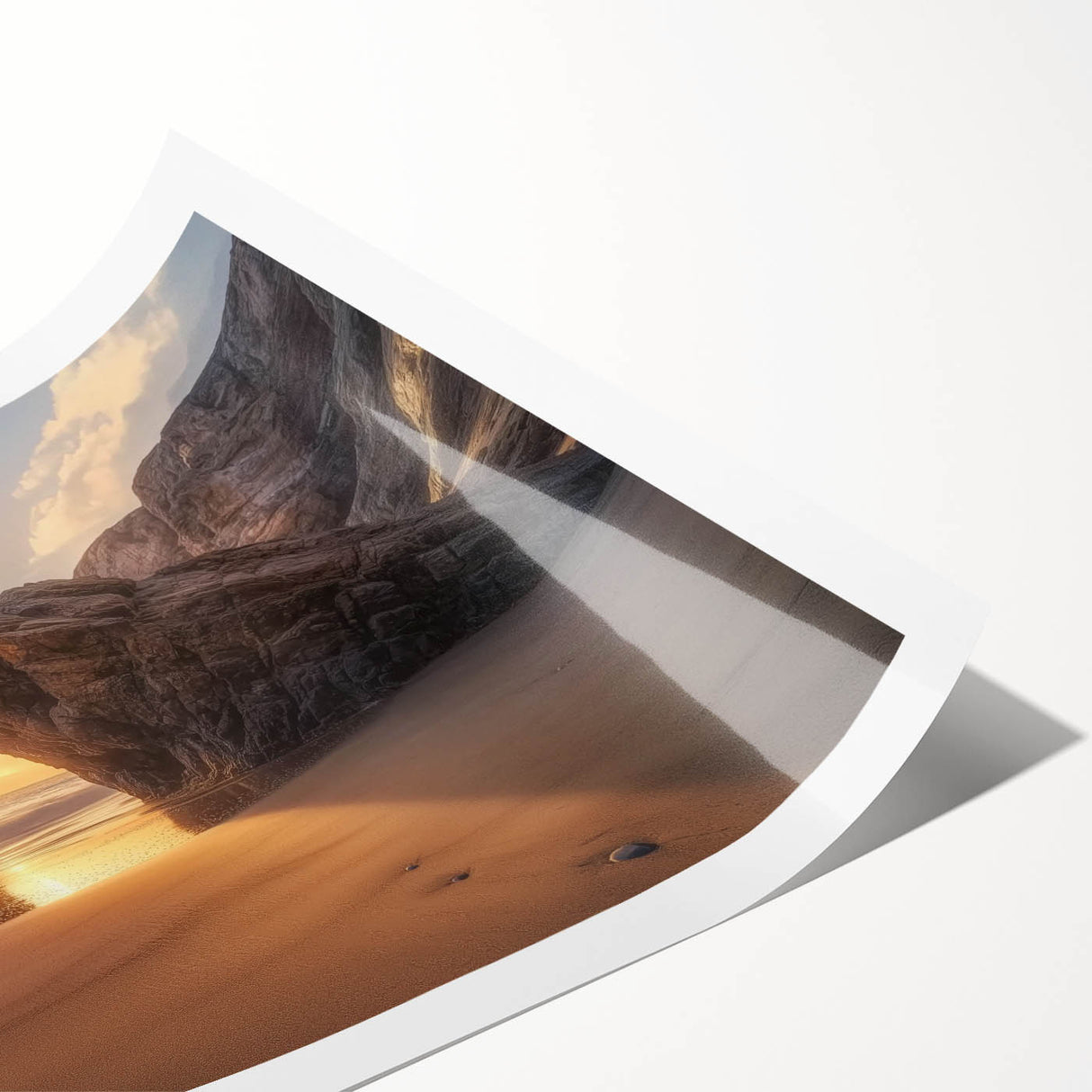Vibrant rolled landscape print showcasing a serene beach scene with golden sands and gentle waves, elegantly packaged in a protective cardboard tube for easy display.