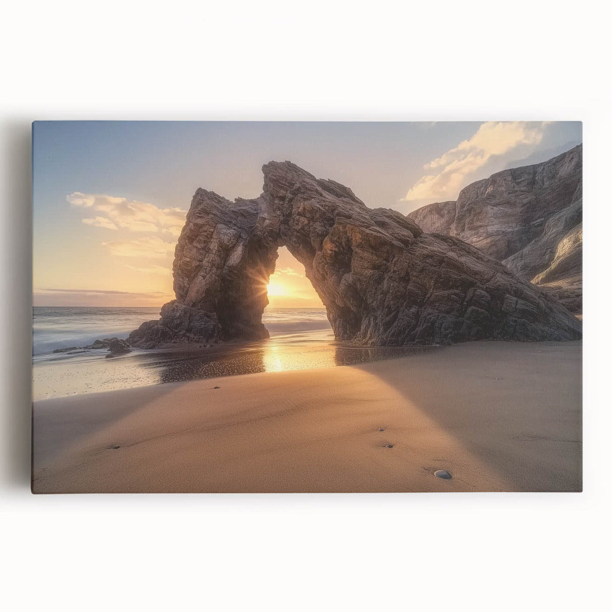 Stretched canvas artwork depicting a serene beach landscape with vibrant blue skies, soft waves, and golden sands, perfect for coastal home decor.