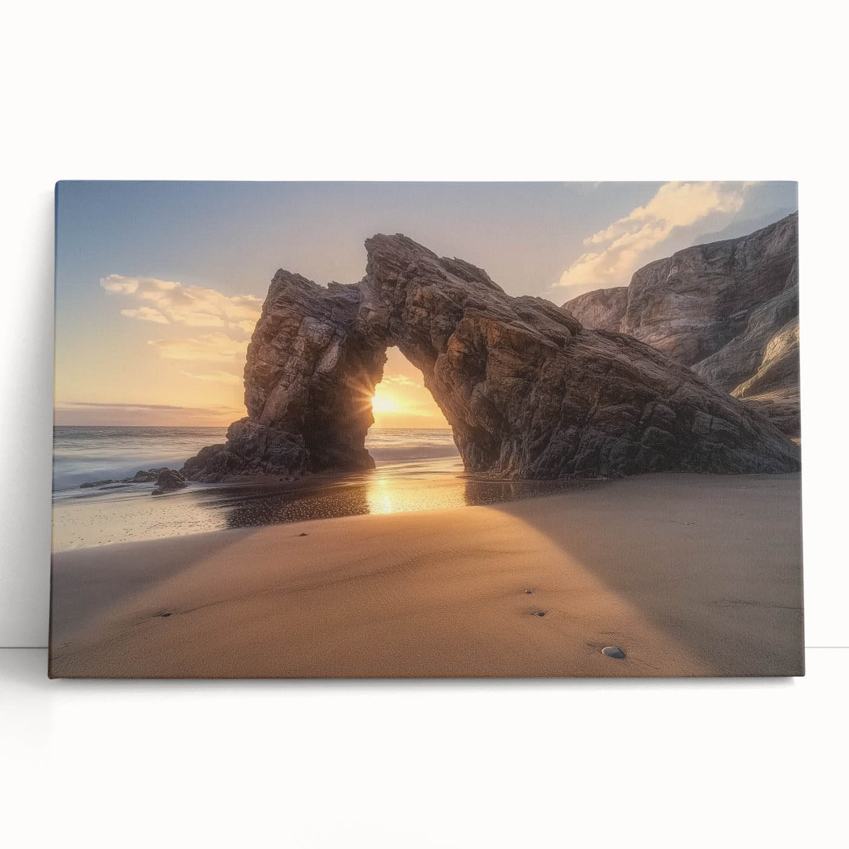 Stretched canvas artwork depicting a serene beach landscape with vibrant colors, creating a tranquil atmosphere perfect for home decor. Ideal for coastal-themed interiors.