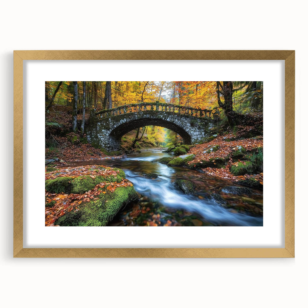 Gold-framed landscape bridge artwork with a mat, showcasing intricate details and vibrant colors, perfect for enhancing home decor with a touch of elegance.