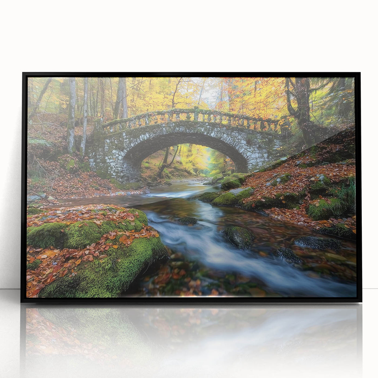 Framed acrylic artwork of a modern landscape bridge, featuring a sleek black frame and vibrant colors, ideal for contemporary home decor. The image showcases the bridge's intricate details and scenic background, perfect for adding an artistic touch to any living space.