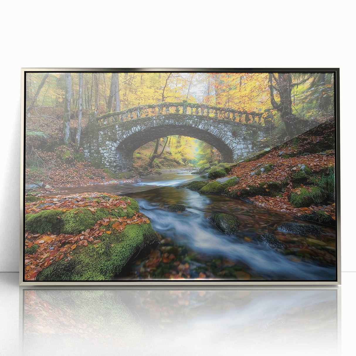 Framed acrylic artwork of a landscape bridge in silver tones, showcasing intricate details and elegant design, perfect for modern home decor and art enthusiasts.